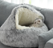 Round Plush Fluffy Hooded Cat Bed Cave, Cozy for Indoor Cats or Small Dog beds, Soothing Calm Anti-nxiety Bed Waterproof Bottom Washable (50cm, Grey)