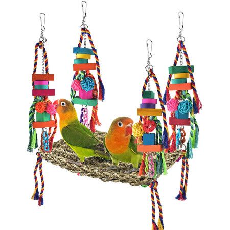 Bird Toys, Bird Foraging Wall Toy,Edible Seagrass Woven Climbing Hammock Swing Mat with Colorful Chewing Toys,Suitable for Lovebirds,Finch,Parakeets,Budgerigars,Conure,Cockatiel