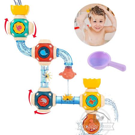 Bath Toys,STEM Baby Bathtub Toy with DIY Pipe Tubes,Cubes,Spoon,Cute Bathroom Time Spray Waterfall Shower Toy,Great Gifts for Toddlers Boys Girls
