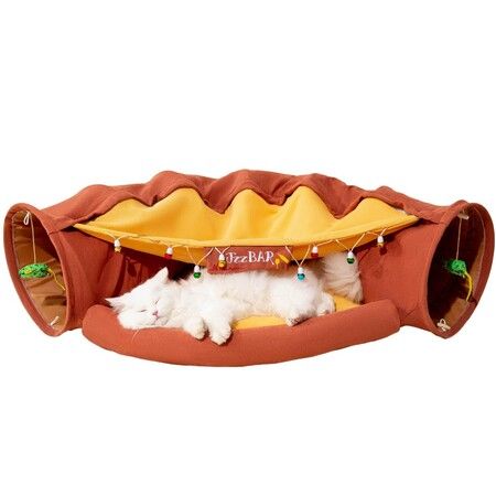 Cat Tunnel for Indoor Cats Tube with Collapsible Washable Cat Bed,Premium Cat Toy for Small Medium Large Cat-Red