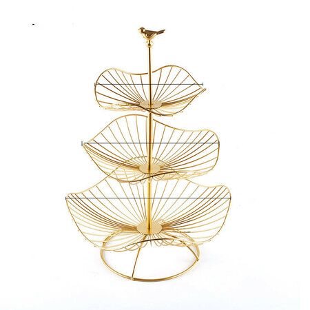 Metal 3-Tier Fruit Basket Holder Decorative Fruit Bowl Stand (Gold)