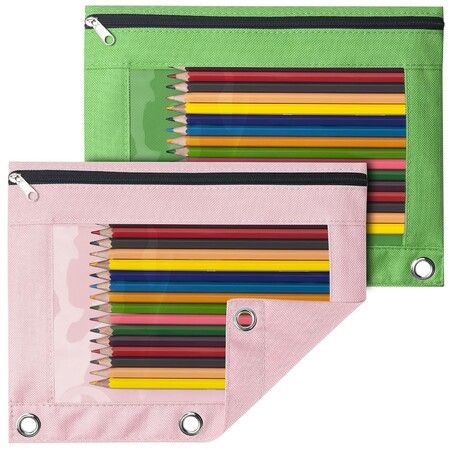 Pencil Pouch for 3 Ring Binder,Binder Pencil Pouch with Clear Window Pencil Bags with Zipper & Reinforced Grommets,Pencil Case for Binder (2 Pack Green & Pink)