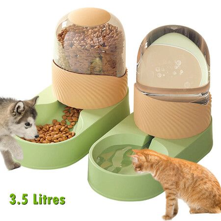 Automatic Dog Cat Feeder Water Dispenser Set with Pet Food Bowl Cat Food Water Dispenser-(3.5L-Green)