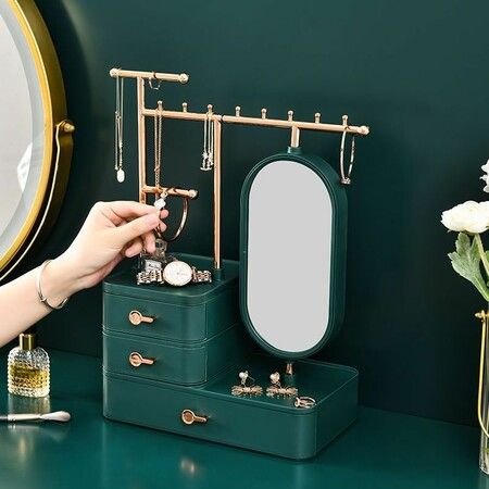 Jewelry Organizer with HD Mirror Bracelets Necklace Earring Organizer with 3 Layer Drawer- Green