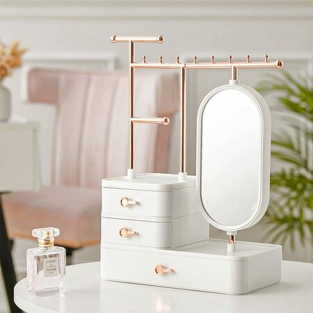 Jewelry Organizer with HD Mirror Bracelets Necklace Earring Organizer with 3 Layer Drawer- White & Gold