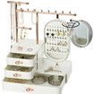 Jewelry Organizer with HD Mirror Bracelets Necklace Earring Organizer with 3 Layer Drawer- White & Gold