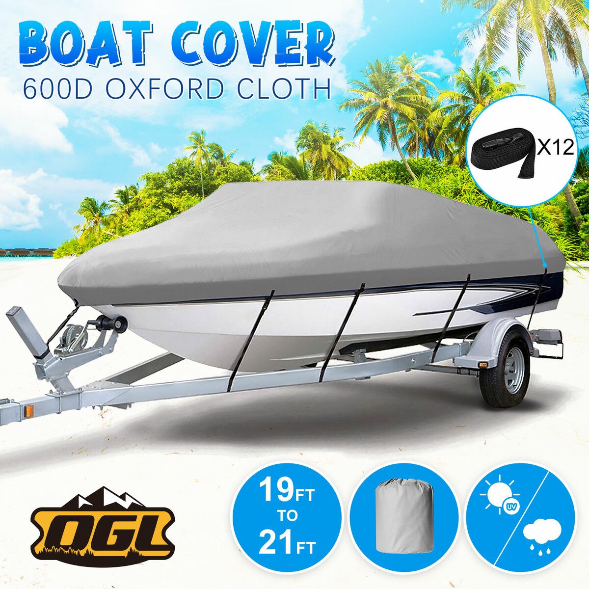 19-21ft Boat Cover Trailerable Waterproof 600D Jumbo Marine Grade Fabric Protector Runabout Bass V-hull Fishing Tri-hull OGL