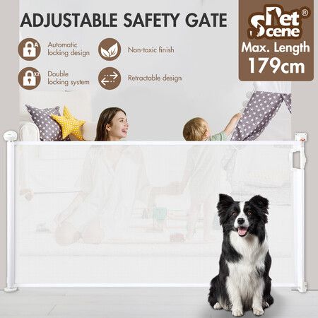 Retractable Gate Safety Pet Fence Dog Enclosure Safe Guard Security Guard Stairs Mesh Indoor Outdoor 179cm White