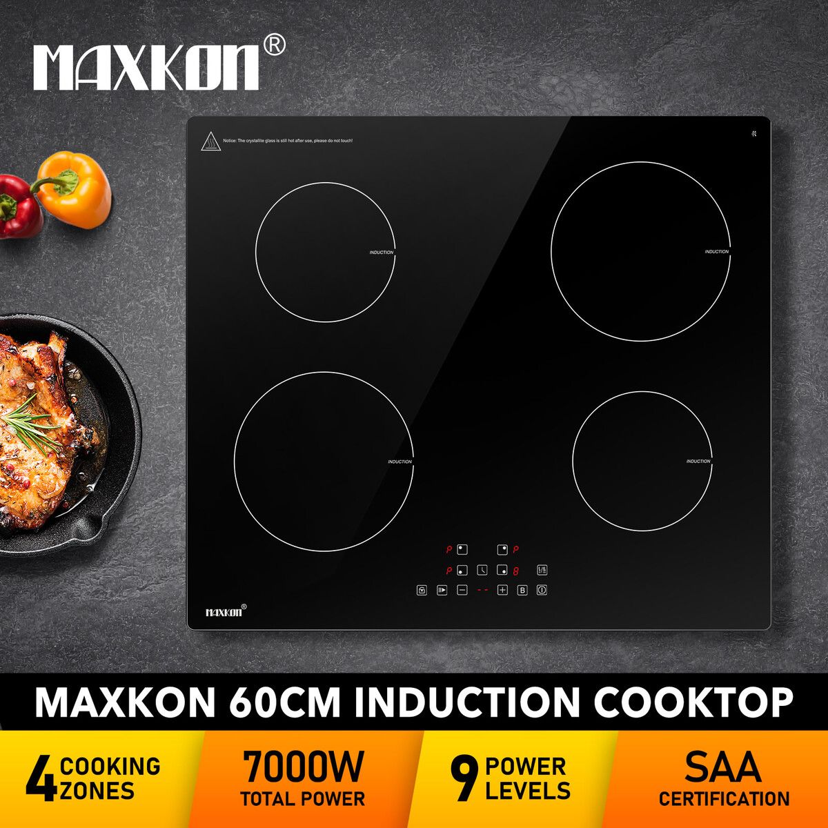 60cm Induction Cooktop Electric Cooker Stove Hob Burner Ceramic Glass Cook Top Hot Plate 4 Zones Touch Control Built In Maxkon