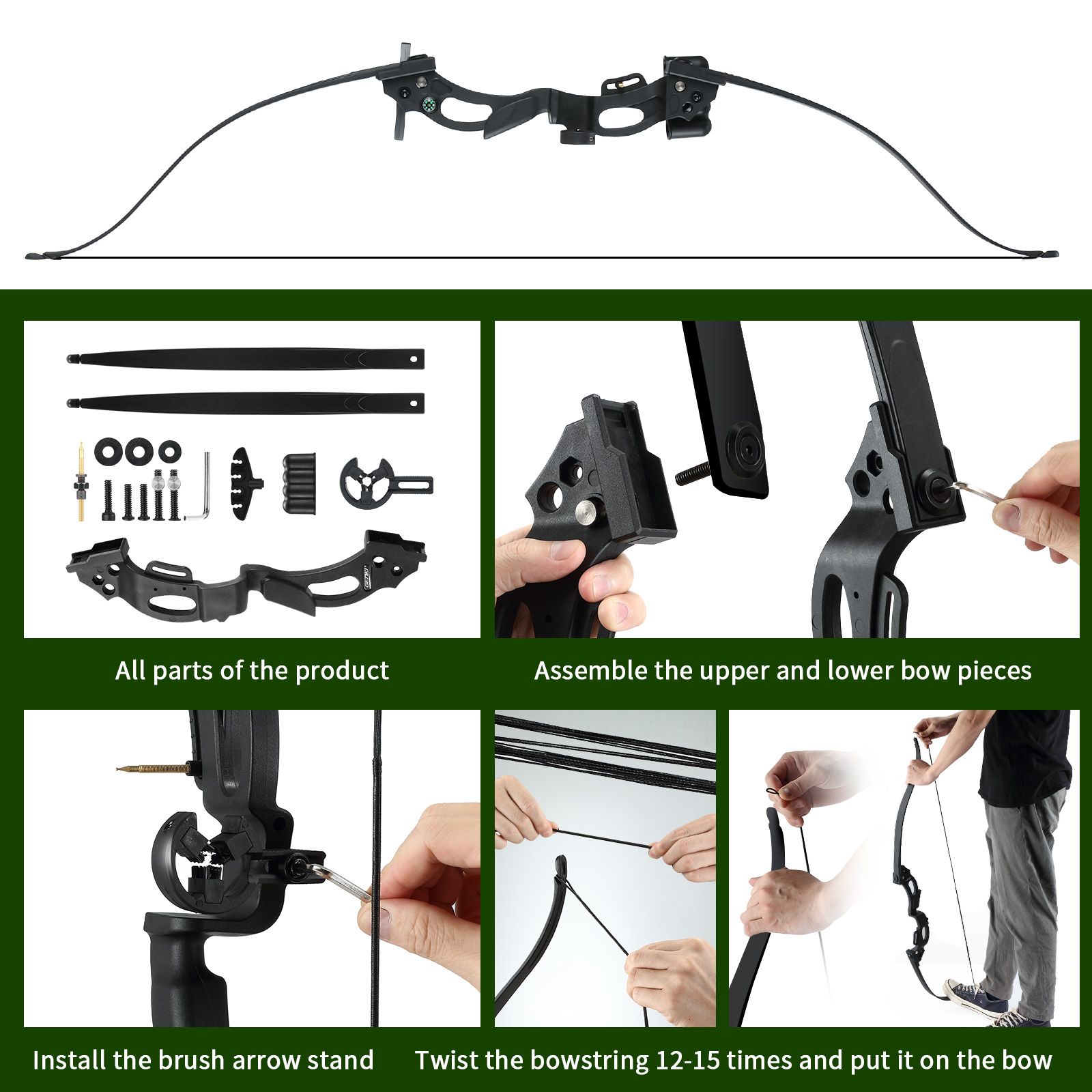 Recurve Bow Arrow Set 20lbs Archery Takedown Hunting Sports Equipment 48Inch Target Shooting RH Right Handed Youth Outdoor Black