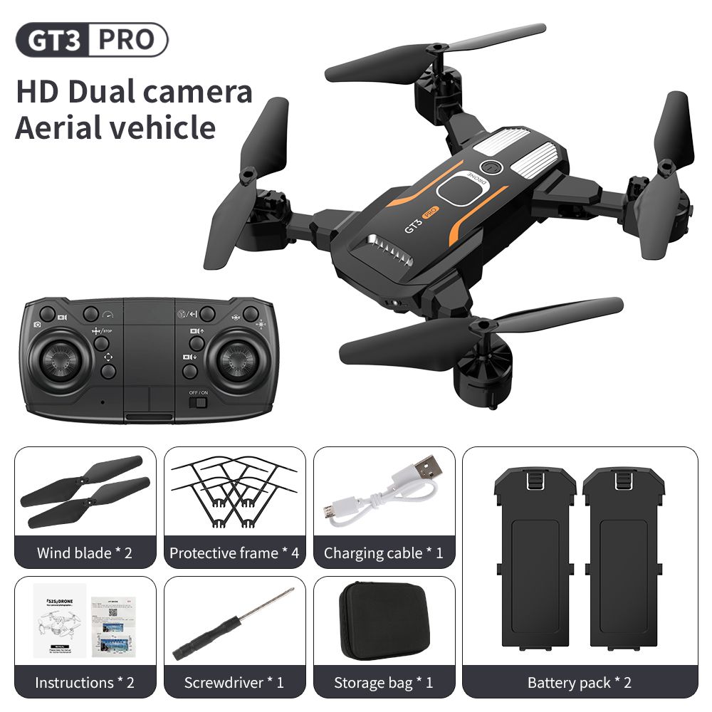 LSRC GT3 Mini Drone 4K Professional HD Dual Camera Optical Flow Position Aerial Photography RC Foldable Quadcopter WIFI FPV Toys Dual Battery Black