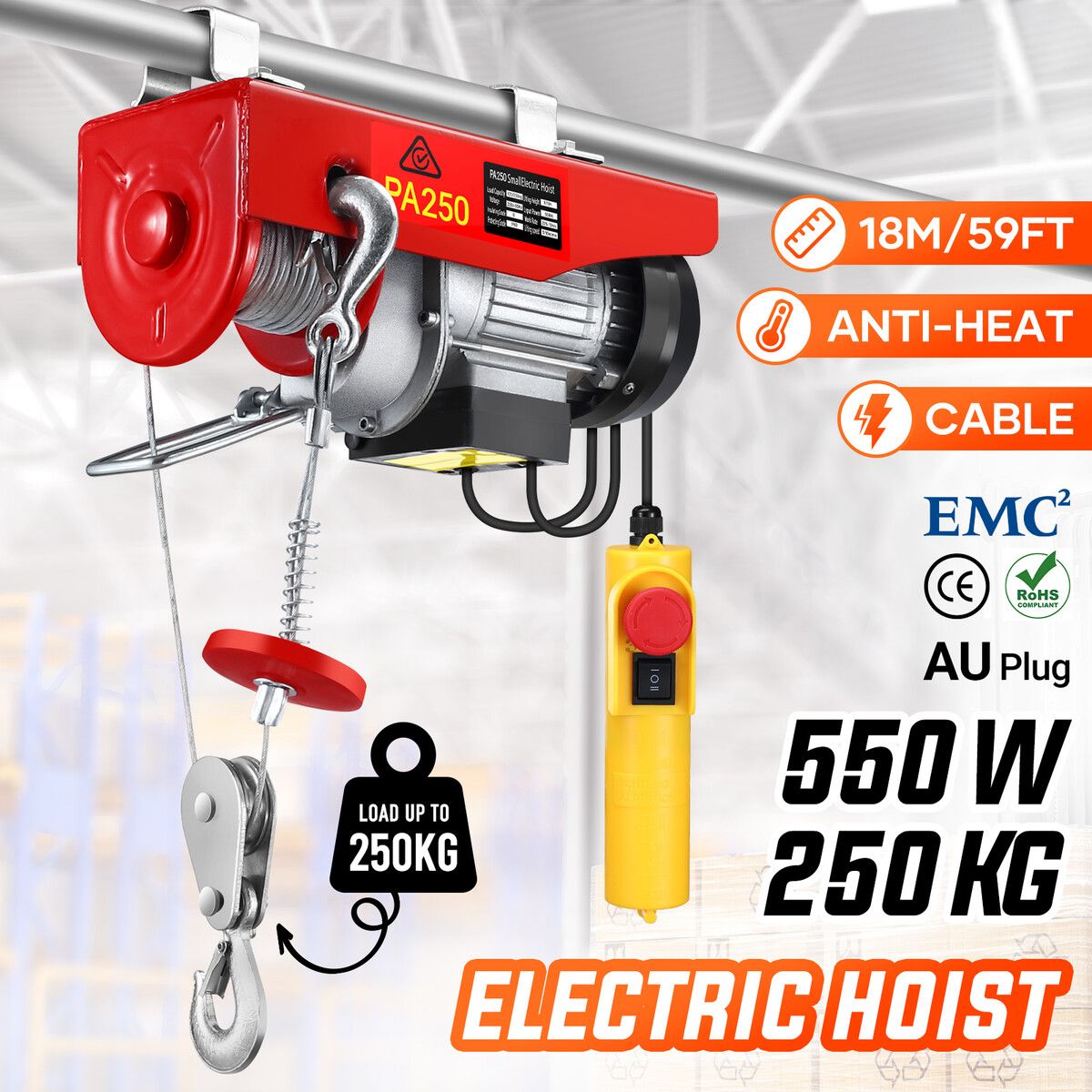 Shogun Electric Winch Engine Crane Hoist 125/250kg 220v 18m Rope Chain Lifting Machine Remote Motor Wire Lift Tool