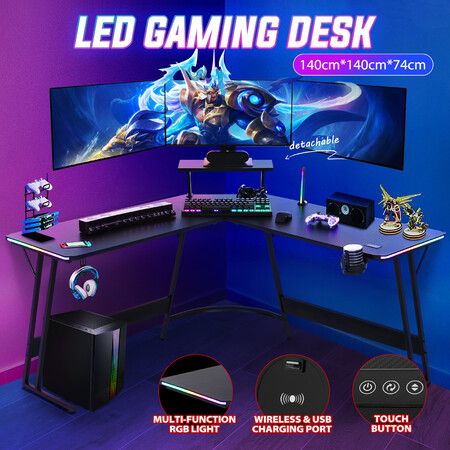 Gaming Computer Desk L Shaped Corner Office Table Gamers Racers Workstation LED RGB Black Carbon Fibre Wireless Charger USB