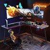 L Shaped Gaming Desk Computer Corner Office Table Gamers Racer Workstation RGB LED Black Carbon Fibre Wireless Charger USB