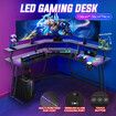 Corner Gaming Desk L Shaped Office Computer Table Racer Gamers Workstation LED RGB Black Carbon Fibre USB Wireless Charger
