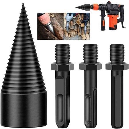 Firewood Log Splitter,4pcs Drill Bit Removable Cones Kindling Wood Splitting logs bits Heavy Duty Electric Drills Screw Cone Driver Hex + Square + Round 42mm/1.65inch