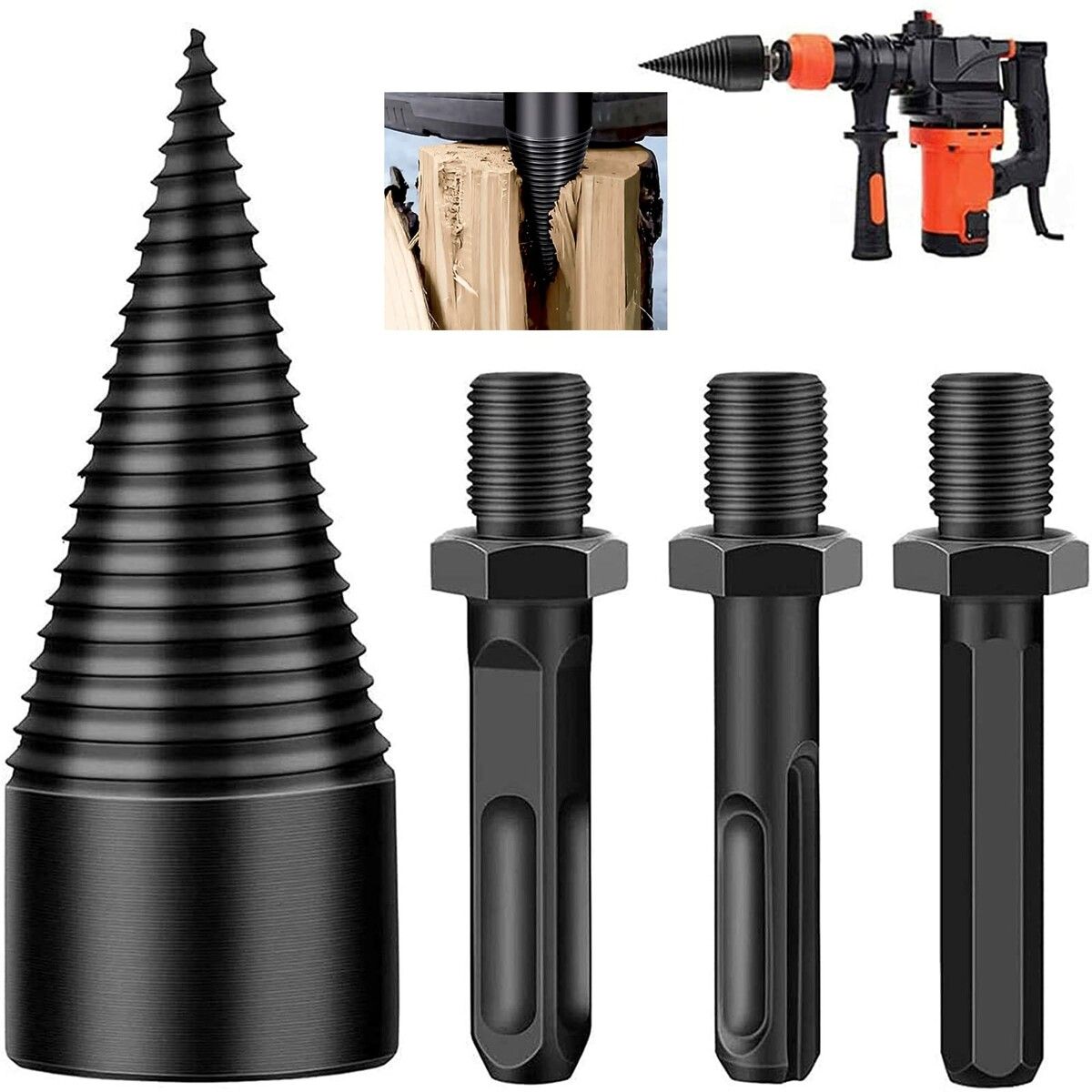 Firewood Log Splitter,3pcs Drill Bit Removable Cones Kindling Wood Splitting logs bits Heavy Duty Electric Drills Screw Cone Driver Hex + Square + Round 32mm/1.26inch