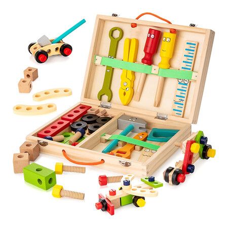 Wooden Tool Box with Colorful Wooden Tools, Construction Toy Set, Educational DIY Building Toy, for Children Aged 3 Years and Up
