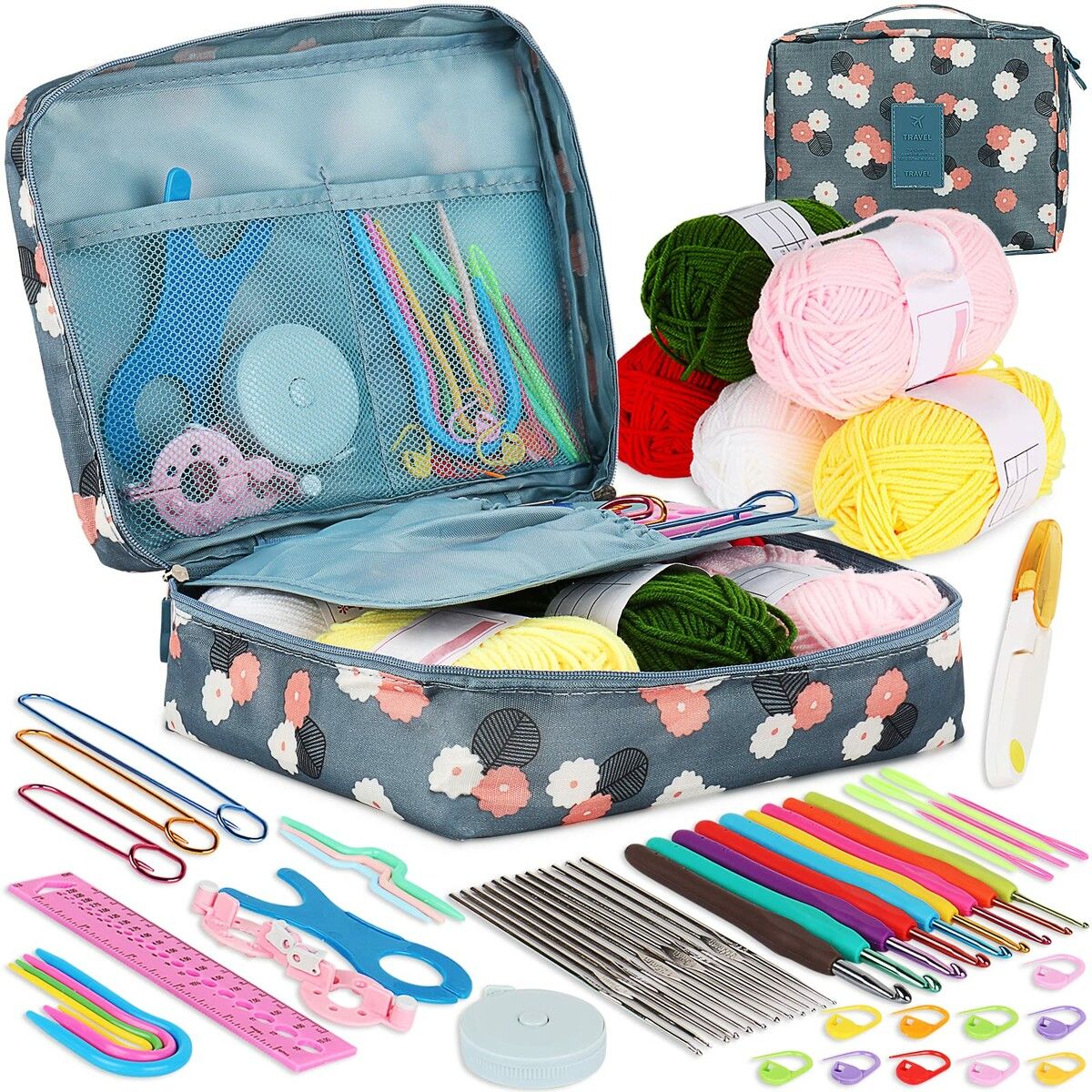 58PCS Portable Crochet Kit Beginners Crochet Set with Crochet Yarn, Crochet Hooks Ergonomic Soft Grip Lace Crochet Hooks Travel Case Full Knitting Crochet Supplies