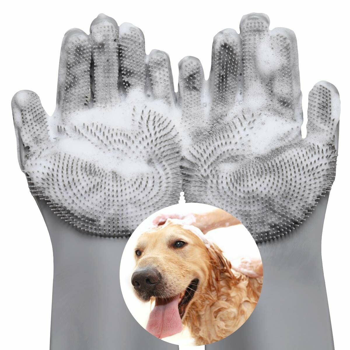 Pet Grooming Gloves, Dog Bathing Shampoo Gloves Pet Hair Remover Brush for Cat & Dogs-Grey