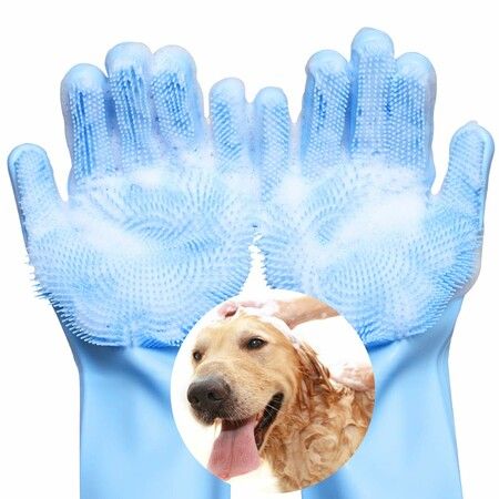 Pet Grooming Gloves, Dog Bathing Shampoo Gloves Pet Hair Remover Brush for Cat & Dogs-Light Blue