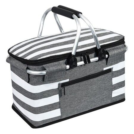 Insulated Picnic Basket,Leak-Proof Collapsible Cooler Bag,26L Grocery Basket with Lid,2 Sturdy Handles,Storage Basket for Picnic,Food Delivery,Take Outs,Market Shopping,Travel (Gray)