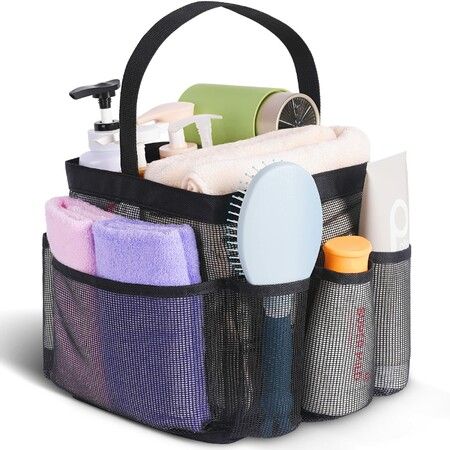 Mesh Shower Caddy Portable for College Dorm Room Essentials,Portable Shower Caddy Dorm with 8-Pocket Large Capacity,Shower Bag for Beach,Swimming,Gym (Black)