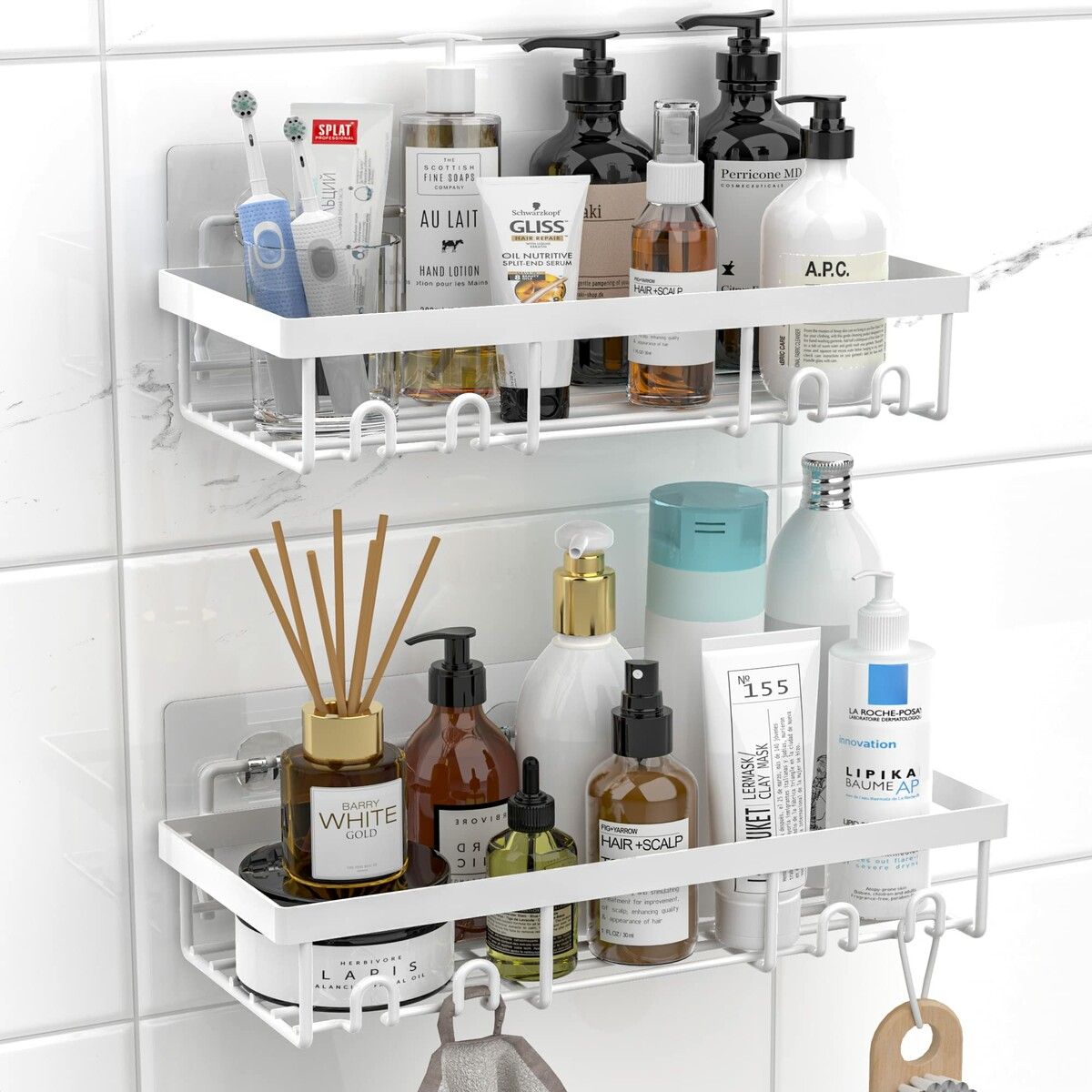 Shower Caddy Shelf Organizer Rack,Self Adhesive White Bathroom Shelves Basket,Home Farmhouse Wall Shower Inside Organization and Storage Decor Rv Accessories,First Apartment Essentials (2Pack)