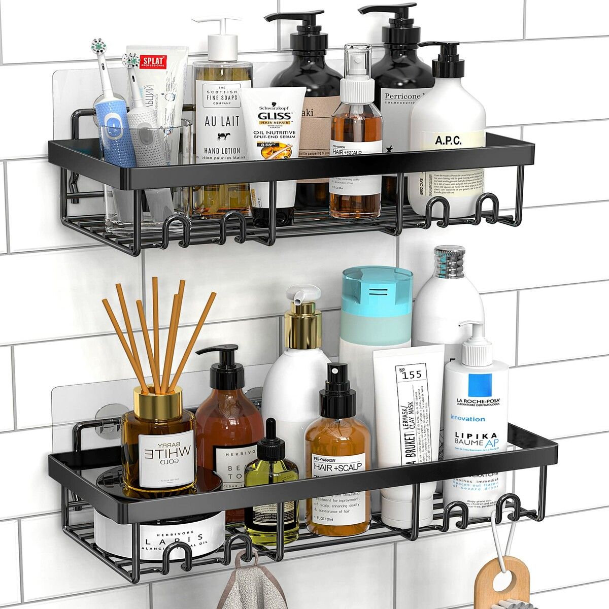 Shower Caddy Shelf Organizer Rack,Self Adhesive Black Bathroom Shelves Basket,Home Farmhouse Wall Shower Inside Organization and Storage Decor Rv Accessories,First Apartment Essentials (2Pack)