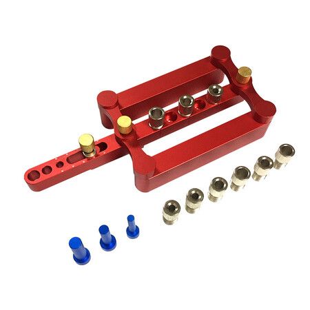 Woodworking Self-Centering Dowel Jig, Drill Guide with 1/4 5/16 3/8 Inch Positioner, Red Wave Locator Tool, Precise Drilling Kit