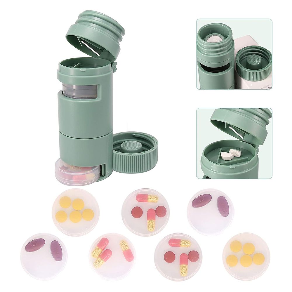 3 in 1 Portable Pill Cutter, Weekly Pill Organizer and Crusher for Small or Large Pills, Travel Pill Bottle, 7 Days for Purse (Green)