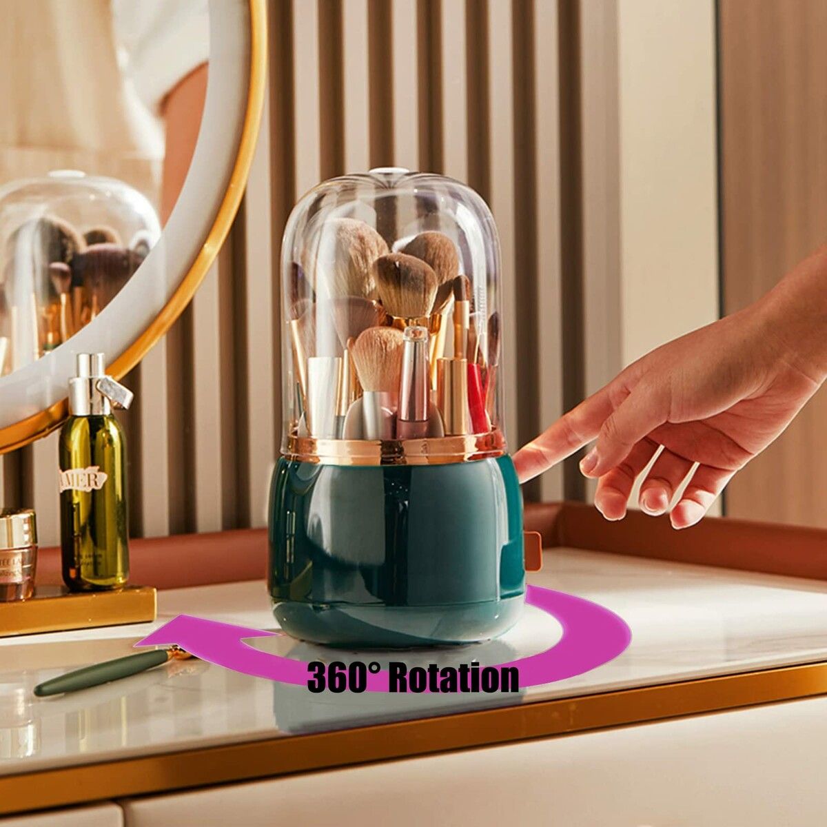 Rotating 360 Makeup Brush Holder Organizer Box with Lid Storage Dust Acrylic Cosmetics Holders Storage Cup(Dark Green)