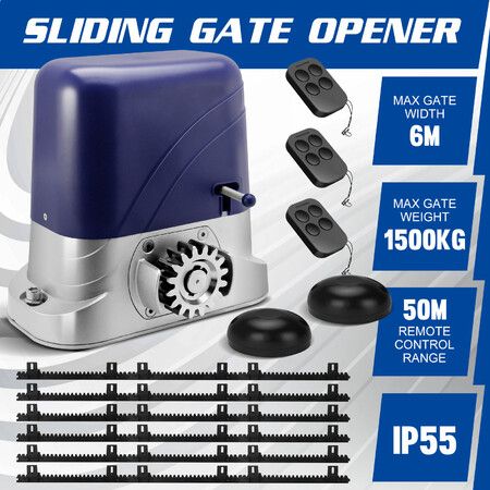 Sliding Gate Opener Automatic Electric 1500kg Remote Control Motor Auto Smart Door Driveway Heavy Duty Operator 6m Gear Track Home Security