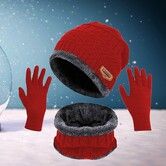 Pack Of 3 Winter Knitted Beanies, Hats, Collars, Warm Gloves, Fleece Lining, Infinity Scarf, Men's And Women's  Gloves Color Red