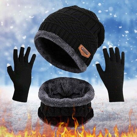 Pack Of 3 Winter Knitted Beanies, Hats, Collars, Warm Gloves, Fleece Lining, Infinity Scarf, Men's And Women's  Gloves Color Black