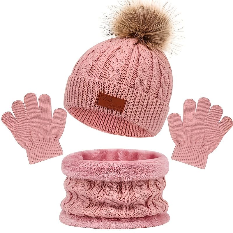 3Pcs Winter Hat Scarf Gloves Set Kids Winter Knit Beanies Neck Warmer Hat Mitten Set for Boys Girls Gift Color Deep Pink