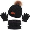 3Pcs Winter Hat Scarf Gloves Set Kids Winter Knit Beanies Neck Warmer Hat Mitten Set for Boys Girls Gift Color Black