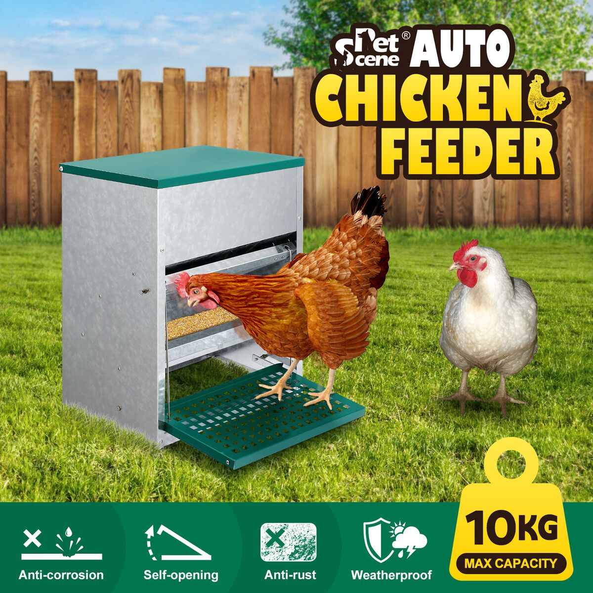 Auto Chicken Feeder 10kg Automatic Treadle Poultry Chook Rat Proof Food Dispenser Feeding Equipment Galvanized Steel