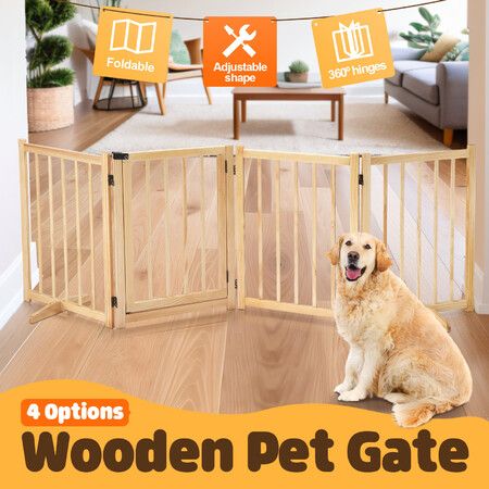 Dog Fence Pet Gate Puppy Safety Guard Indoor Wooden Cat Playpen Foldable Barrier Protection Freestanding Stair Partition Burlywood 4Panels