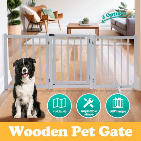 Puppy Gate Dog Fence Pet Safety Guard Indoor Wooden Playpen Foldable Freestanding Barrier Protection Net Stair Partition White 3Panels