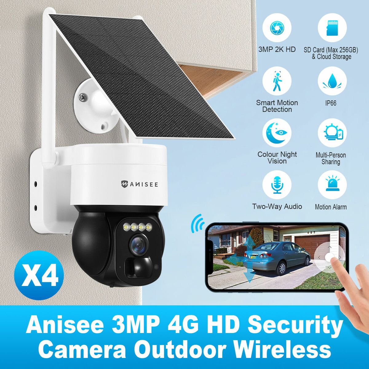 4G LTE Security Camerax4 Spy House Home CCTV Wireless Solar Surveillance System 2K HD 3MP WIFI PTZ Outdoor PIR Motion Detect Night Vision