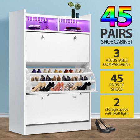 Wooden Shoe Storage Cabinet Rack Organiser Holder Shelf Stand 45 Pairs with RGB Light White