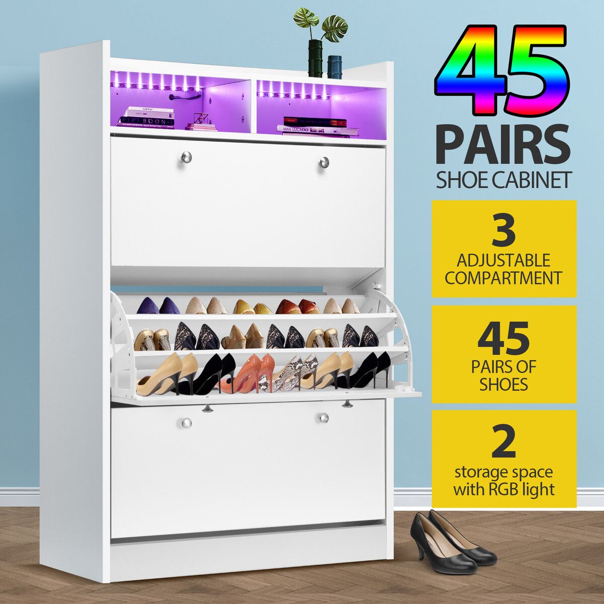 Wooden Shoe Storage Cabinet Rack Organiser Holder Shelf Stand 45 Pairs with RGB Light White