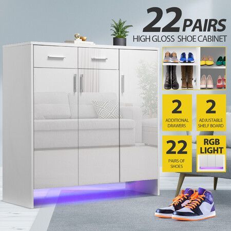 Wooden Shoe Storage Cabinet High Gloss Rack Organiser Shelf Drawer White with Doors RGB Light