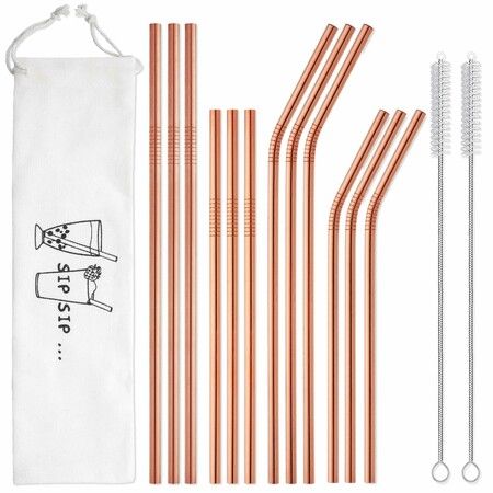 Reusable Stainless Steel Metal Straws with Case - Long Drinking Straws for 30 oz and 20 oz Tumblers Yeti Dishwasher Safe - 2 Cleaning Brushes Included (12-Pack,Rose Gold)