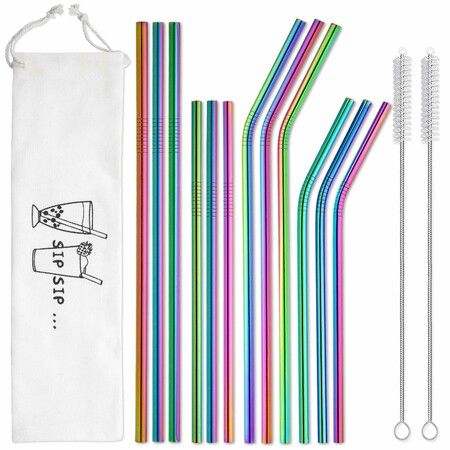 Reusable Stainless Steel Metal Straws with Case - Long Drinking Straws for 30 oz and 20 oz Tumblers Yeti Dishwasher Safe - 2 Cleaning Brushes Included (12-Pack,Rainbow)