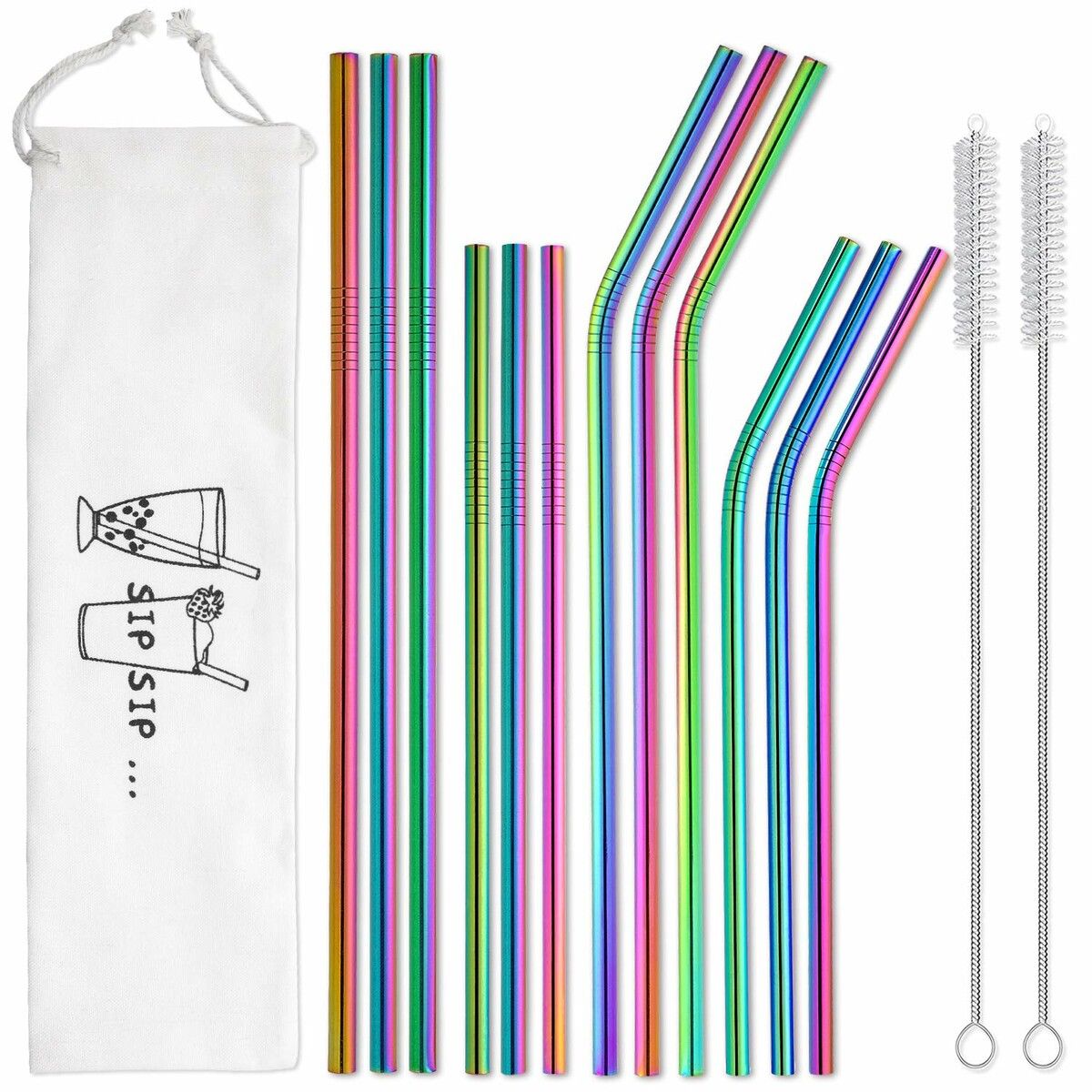 Reusable Stainless Steel Metal Straws with Case - Long Drinking Straws for 30 oz and 20 oz Tumblers Yeti Dishwasher Safe - 2 Cleaning Brushes Included (12-Pack,Rainbow)