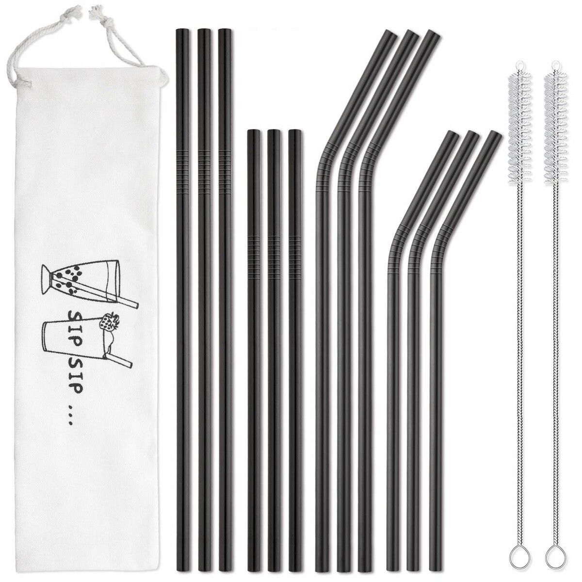 Reusable Stainless Steel Metal Straws with Case - Long Drinking Straws for 30 oz and 20 oz Tumblers Yeti Dishwasher Safe - 2 Cleaning Brushes Included (12-Pack,Black)