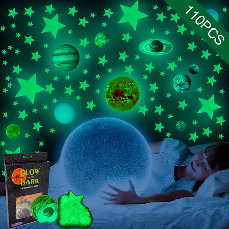 Glow in The Dark Stars Solar System Wall Decals, The Earth Wall Stickers for Bedroom, Baby Nursery Planets Sticker Decoration for Ceiling (Green)