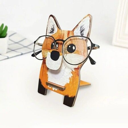 Fox Corgi Glasses Stand Christmas Gift Cute Pet Wooden For Desktop